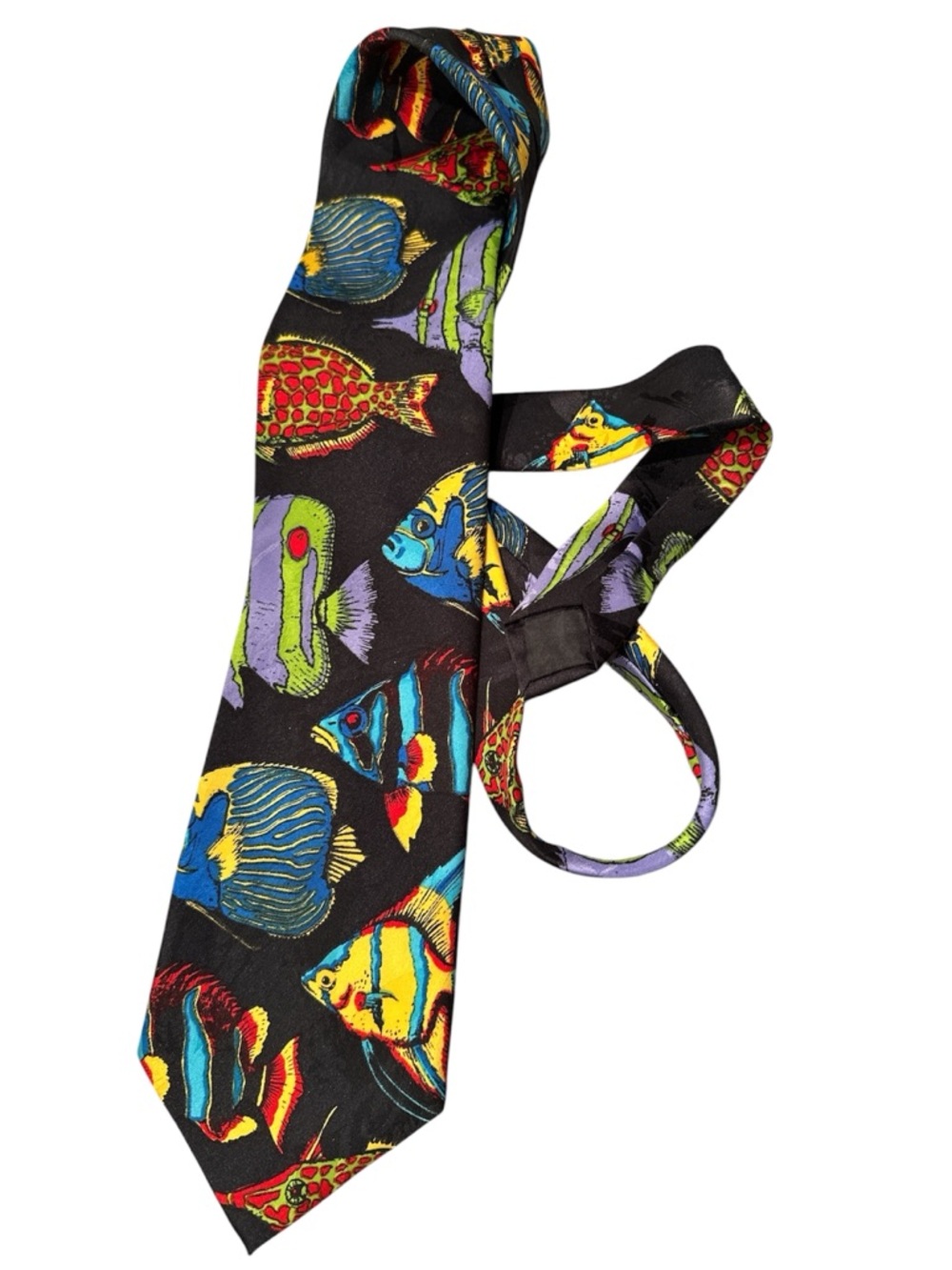 Vintage 1980s 100% Silk Jacquard Novelty Neck Tie Tropical Fish Black 59"x3.75"